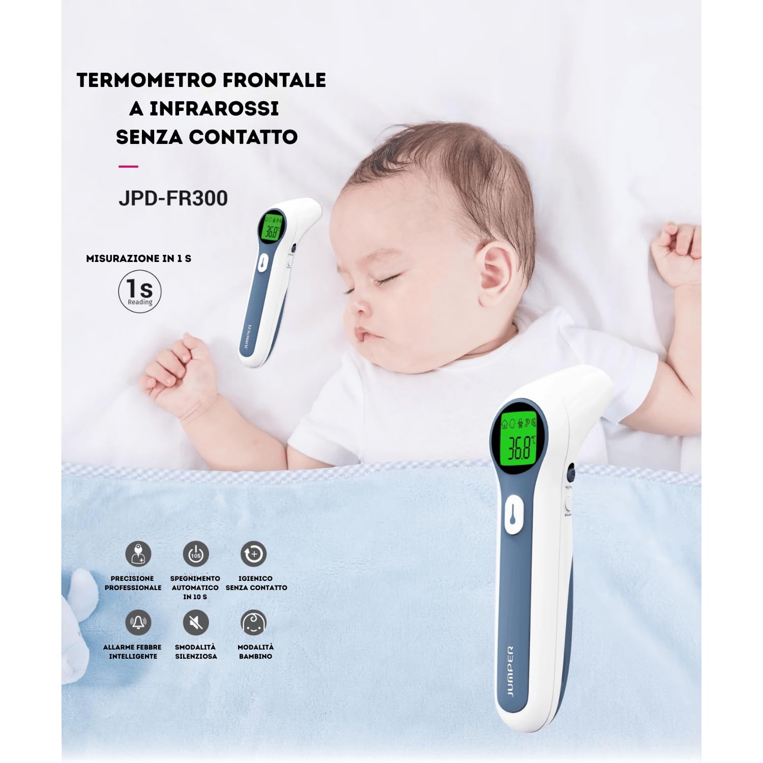 Termometro Digitale Infrarossi Dual Mode JPD-FR300 - Termoscanner da Fronte e Orecchio (Con Modalità per Oggetti) - Senza Contatto, Display HD LCD, Allarme Febbre Intelligente - Con Modalità Bambino