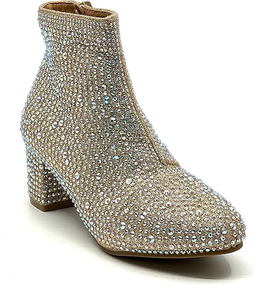 Forever Girls Rhinestone Boots Kids Low Heel Dress Booties Iceberg-12K Shoes Champagne Rhinestone 2