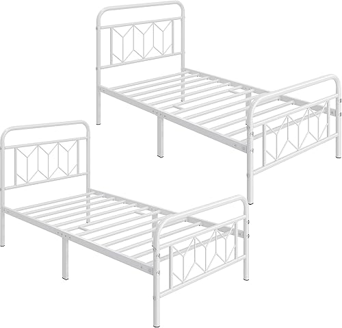 Yaheetech Marco de cama individual de 2 piezas, cama de plataforma de metal con cabecero y estribo de hierro de estilo moderno, fácil montaje, no