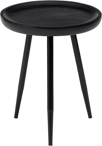 MH London Lydia - Mesa auxiliar redonda pequeña y mesa auxiliar de madera maciza, parte superior negra con patas de metal negro, mesita de noche,