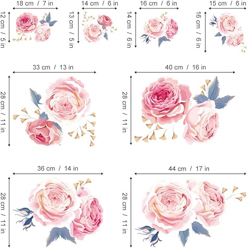 Miniatura 2 de decalmile 16 pegatinas de pared de rosas rosas extraíbles, calcomanías de pared de flores para dormitorio, sala de estar, decoración de pared