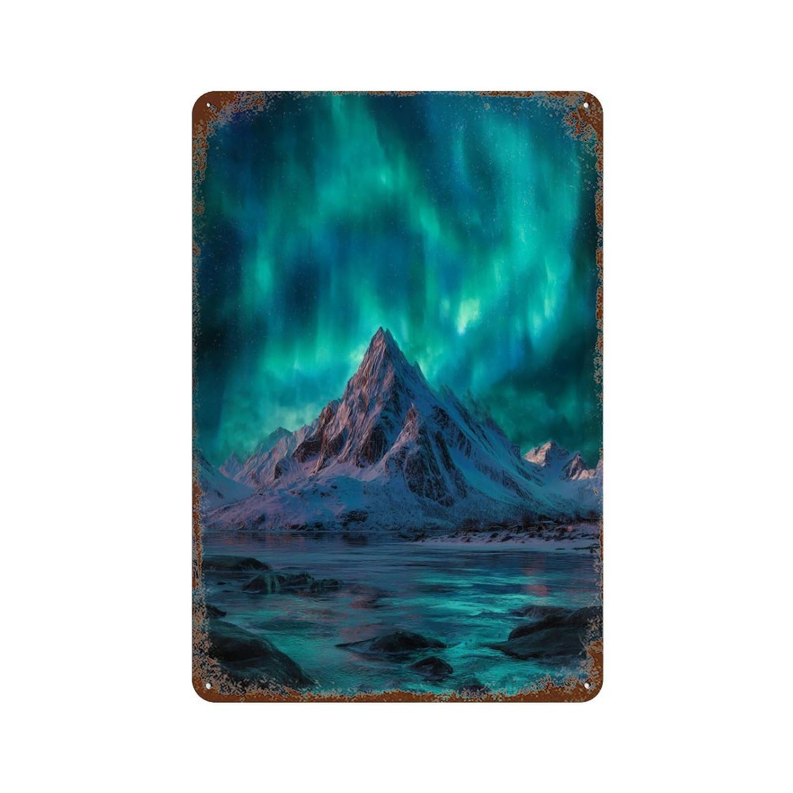 Garage Style Aurora Borealis Mountain Scene Distressed Metal Wall Sign 11.8"x7.9", Shabby Chic Decor for Bar And Workshop