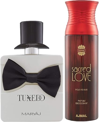 Maryaj Tuxedo Eau De Parfum Spicy Woody Perfume 100ml for Men and Ajmal Sacred Love Deodorant Floral Musky Fragrance 200ml for Women