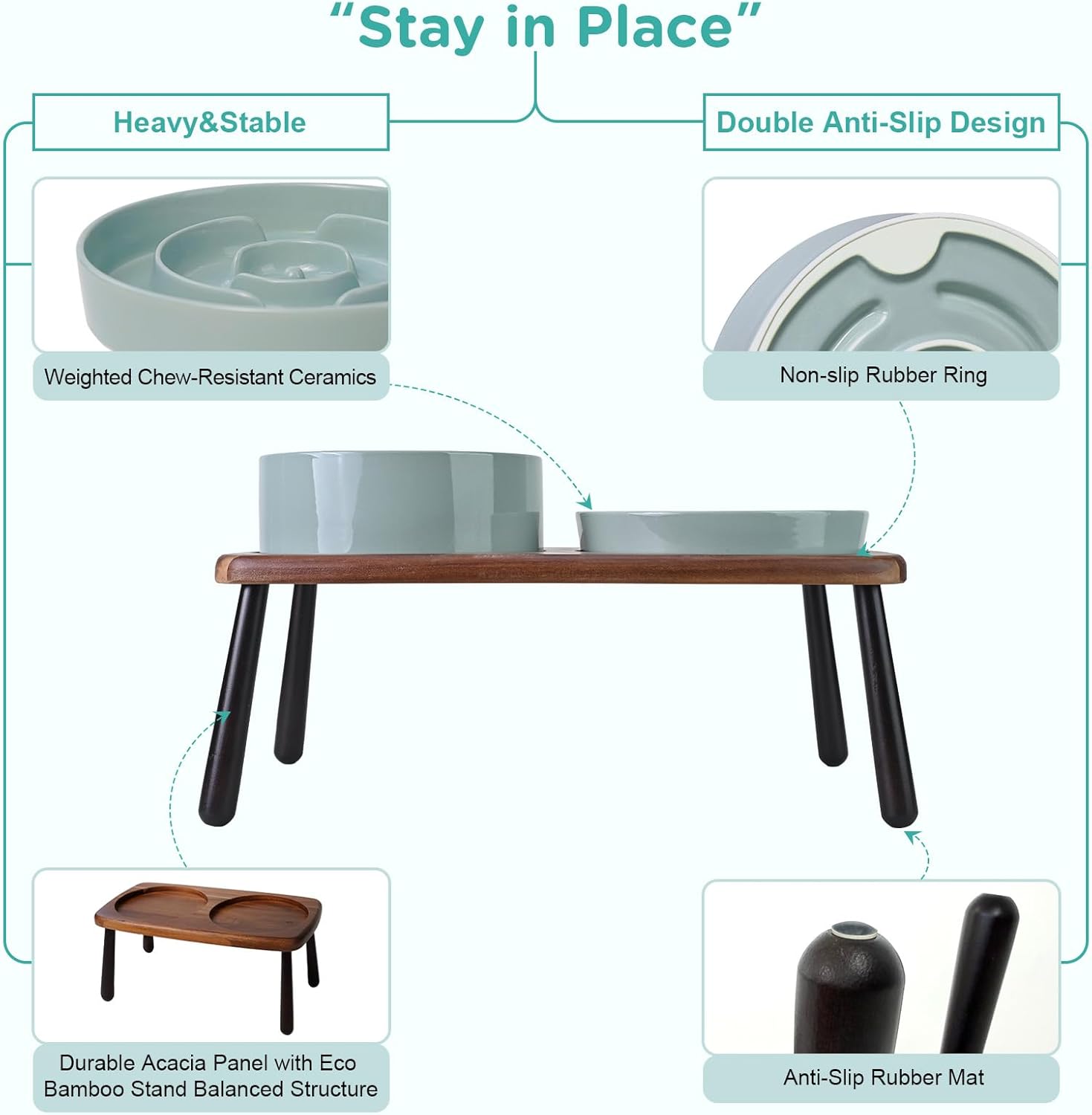 SPUNKYJUNKY Ceramic Elevated Dog Bowls with Slow Feeder Raised Acacia Bamboo Wooden Stand, 8.3'' Dog Food Water Bowls Set Non-Slip for Medium Large Sized Breed Microwave Dishwasher Safe - Light Green