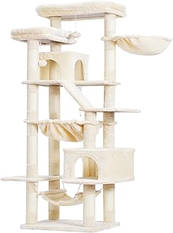 Heybly Cat Tree, 71-Inch-Tall Tower for Indoor Cats with 2 Perches, 2 Big Condos, 2 Hammocks, Basket, Scratching Pad, Large Cat Furniture and Condo, Beige HCT034M