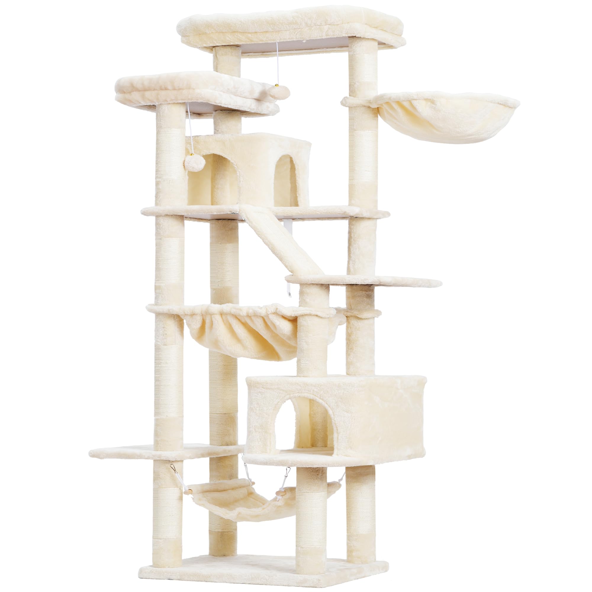 Heybly Cat Tree, 71-Inch-Tall Tower for Indoor Cats with 2 Perches, 2 Big Condos, 2 Hammocks, Basket, Scratching Pad, Large Cat Furniture and Condo, Beige HCT034M
