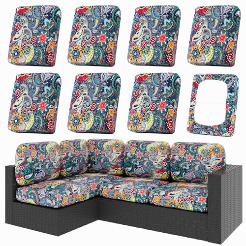 hyha 8Pcs Patio Cushion Covers, Stretch Outdoor Couch Cushion Covers Replacement, Washable Outdoor Chair/Sofa Slipcovers for Patio Furniture Cushions Protector with Elastic Bottom(Paisley,Cover Only)