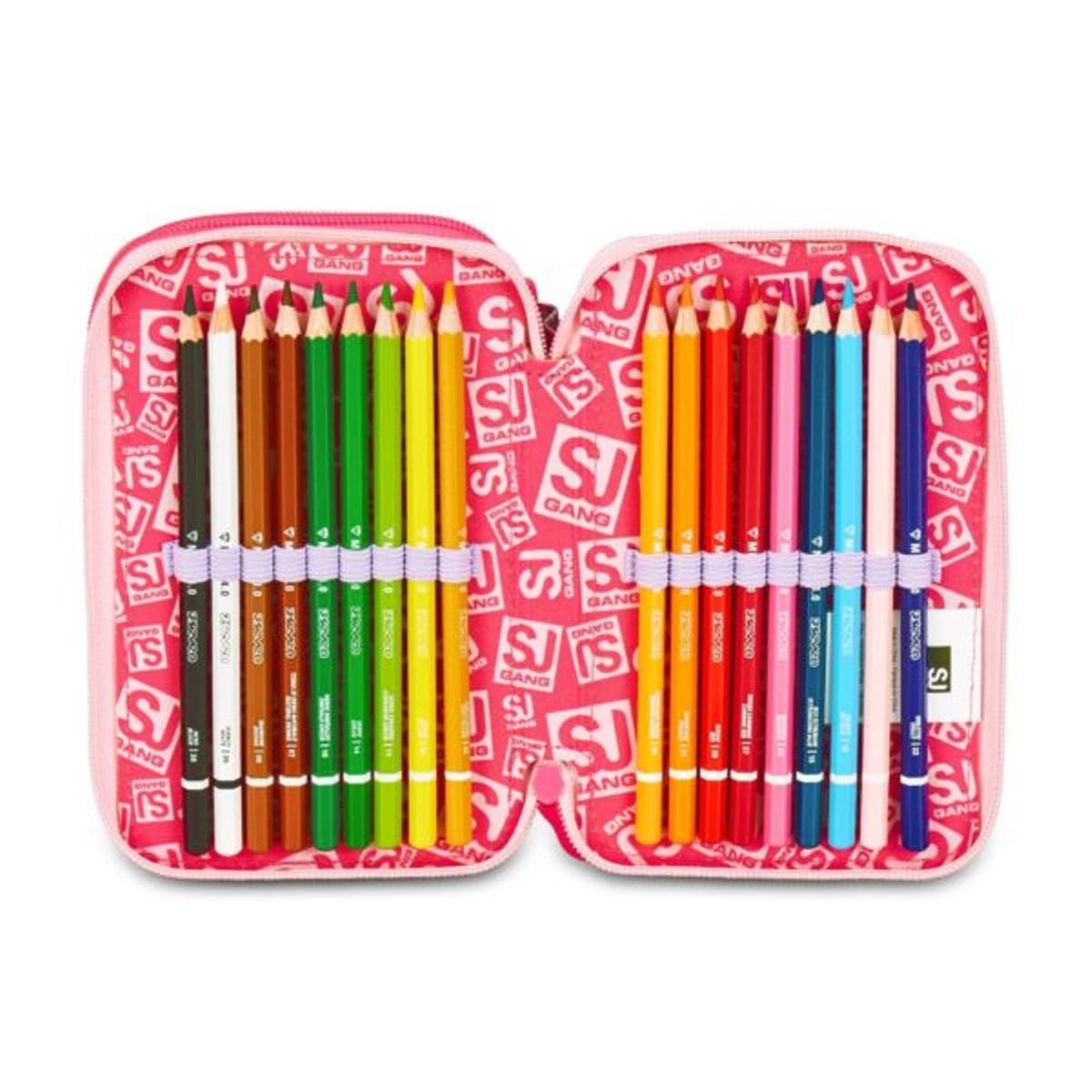Astuccio scuola Sj girl Gang Seven - Cat Led Gattino - 3 piani completo di cancelleria per bambino + omaggio portachiave paillettes e penna multicolore