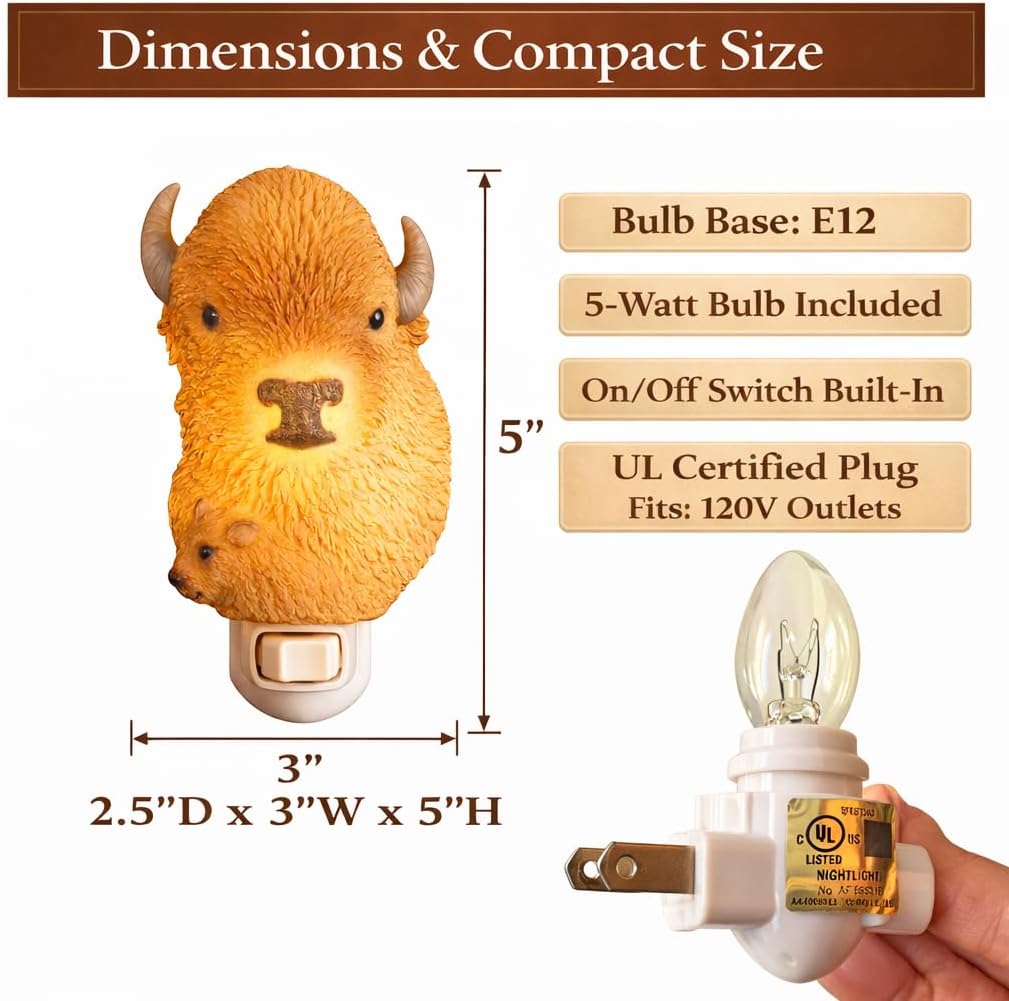 Buffalo Bison & Calf Night Light – Handcrafted Bonded Marble Wildlife Nightlight Wall Decor, Plug-In Night Light with Switch, UL Approved Base with 5W Bulb, Native American Inspired by SassyXpressions