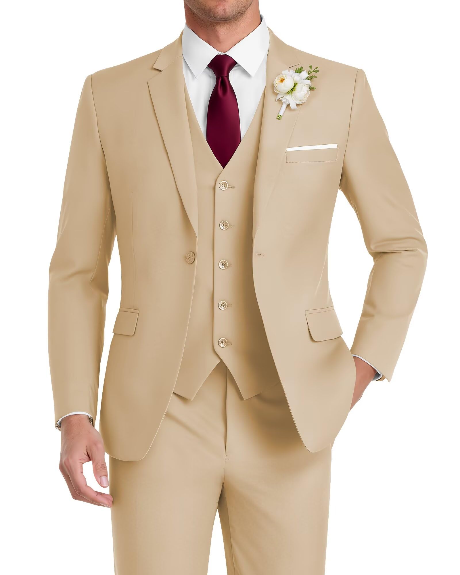 HUUTOE Men's 3 Piece Suits Slim Fit, Wedding Groomsmen Prom Business Suit, One Button Blazer Jacket Vest and Pants Tuxedo Set