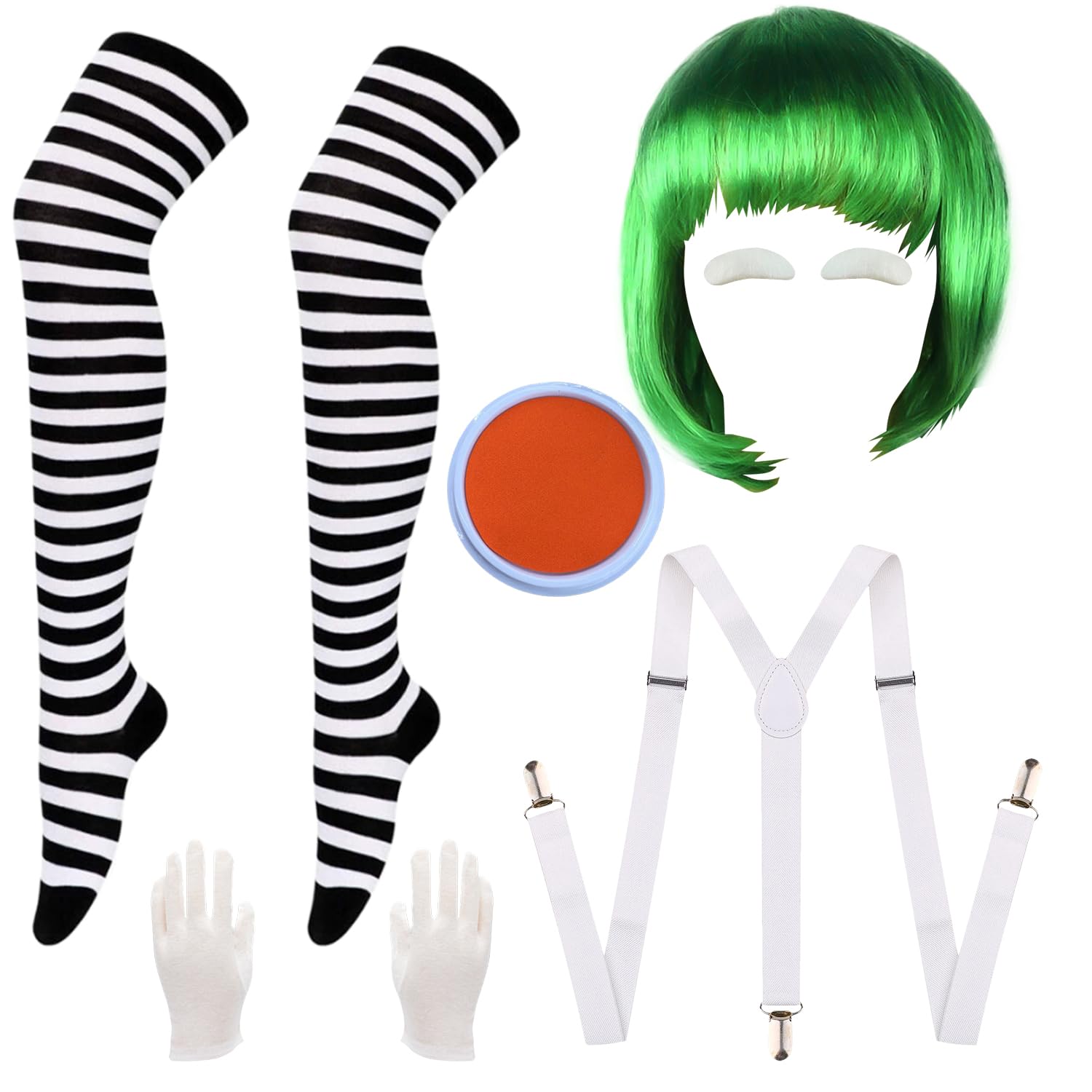 DVOFU 6Pieces Chocolate Worker Costume Set Wig Eyebrows Striped Tights Suspenders Orange Facepaint Gloves Adults World Book Day Dress Up for Women Men