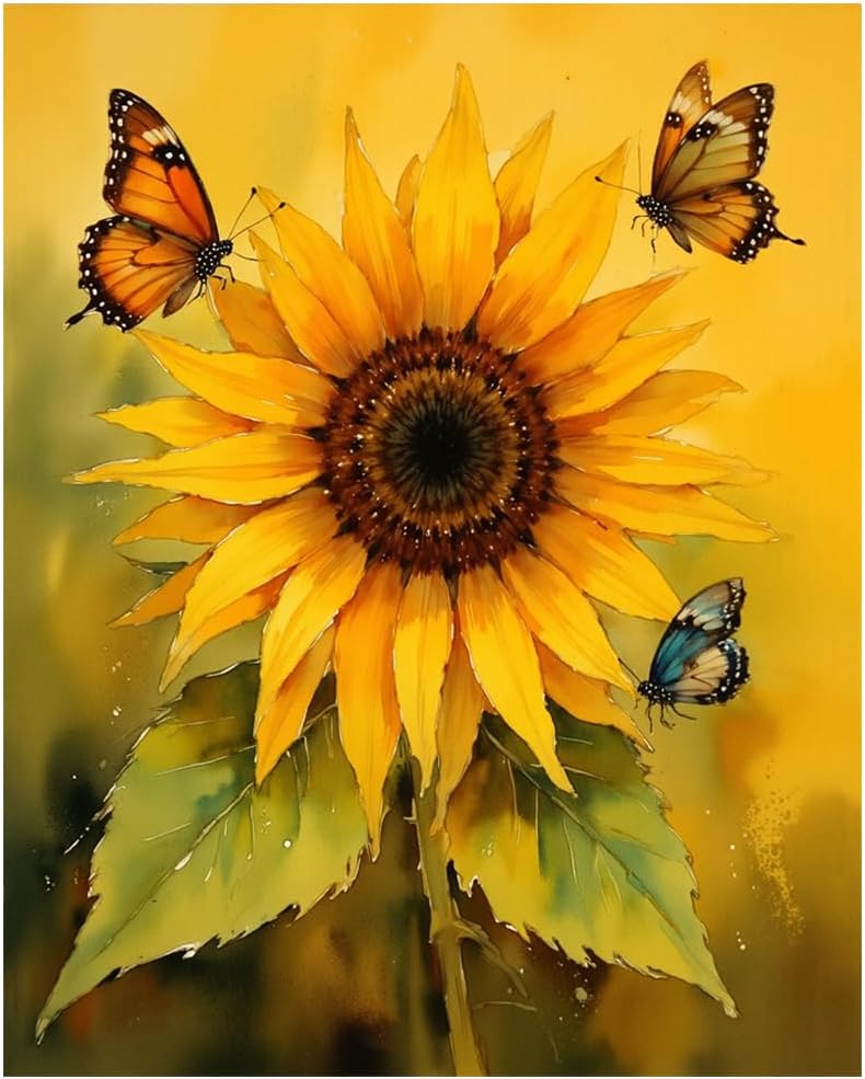 EnLvYY Paint by Numbers Kit for Adults, DIY Acrylic Painting on Canvas, Sunflower with Butterflies, Beginner Floral Wall Art for Living Room Home Decoration or Gift,16X20IN Framed