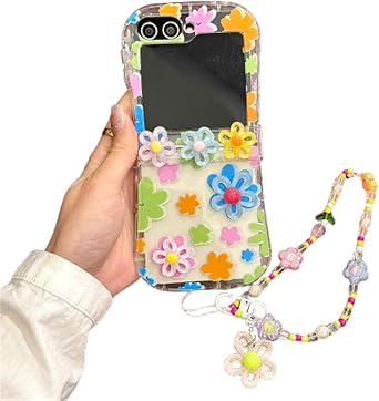 Colorful 3D Flower Design Cover for Samsung Galaxy Z Flip 5 2023,Funny Cute Creative Clear z flip5 Phone Case with Pearl Wrist Chain for Women Girl Ladies