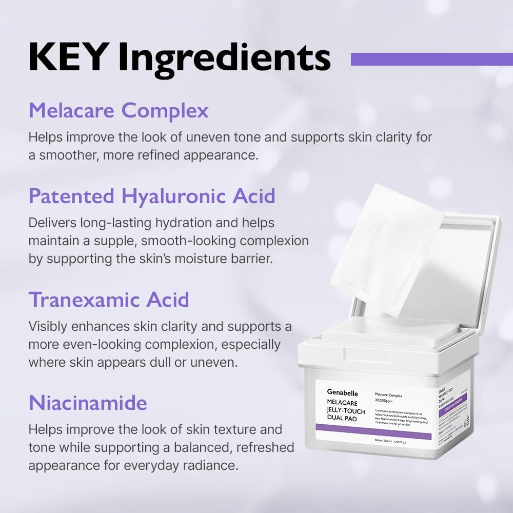 Genabelle Melacare Jelly Touch Dual Pad – Radiance-Boosting & Hydrating Toner Pads with Niacinamide & Tranexamic Acid – Targets Dark Spots and Hyperpigmentation – 4.05 fl oz - Image 4
