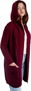 Traditional Irish 100% Merino Wool Ladies Classic Fit Long Cardigan Coat with Hood