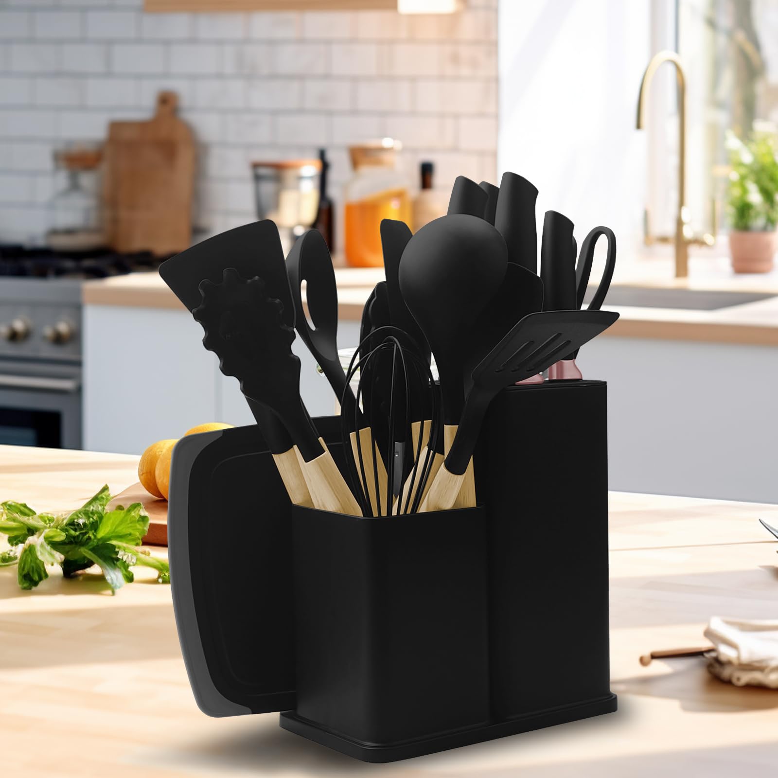 Set Couteaux de Cuisine 19 pièces avec ustensiles de cuisine en silicone 5 couteaux 12 accessoires antiadhésifs 1 paire de ciseaux planche à découper et support pour cuisson sans stick (Noir)