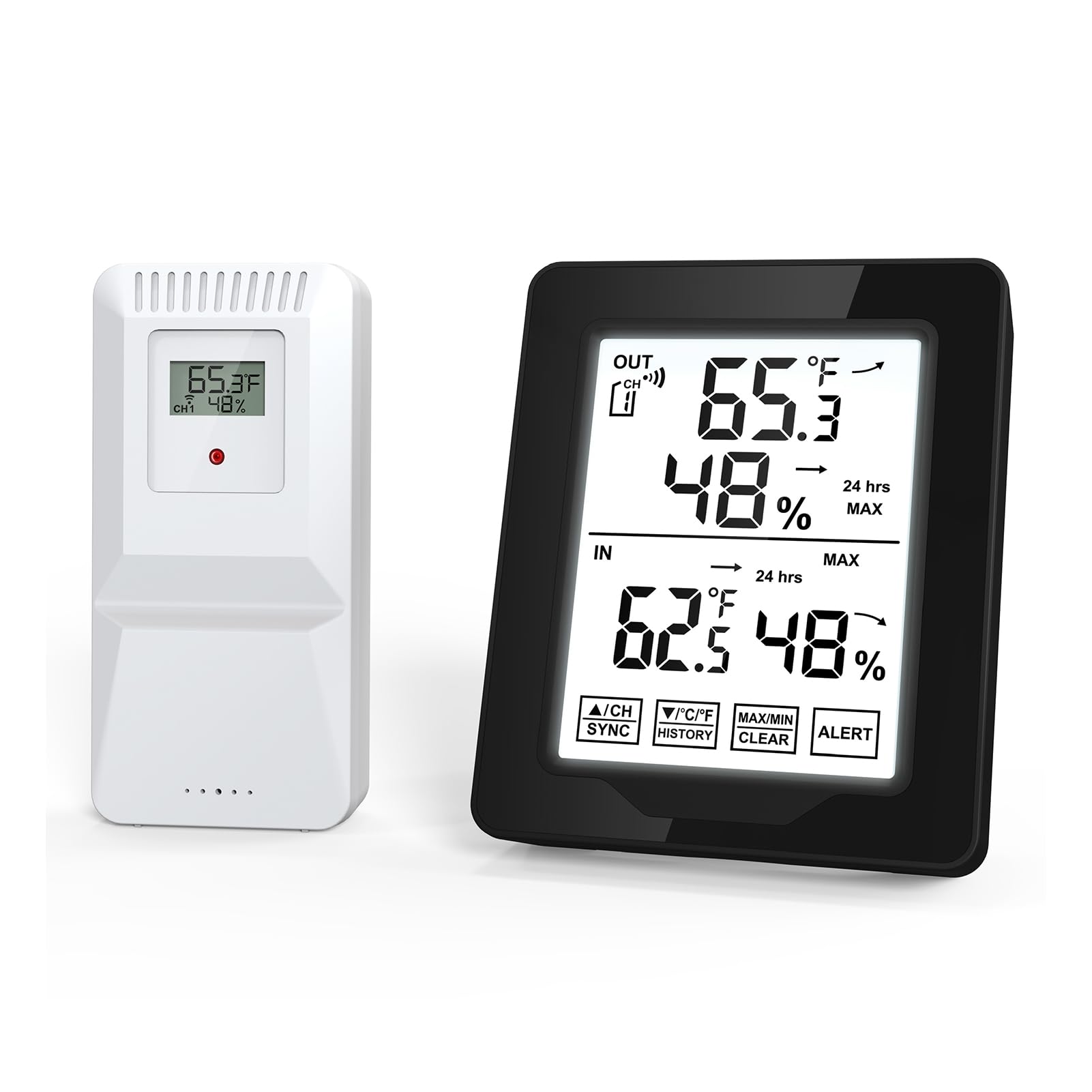 Termometro per interni ed esterni con retroilluminazione bianca, misuratore di umidità della temperatura accurato, registrazioni MAX/MIN, sensore remoto wireless
