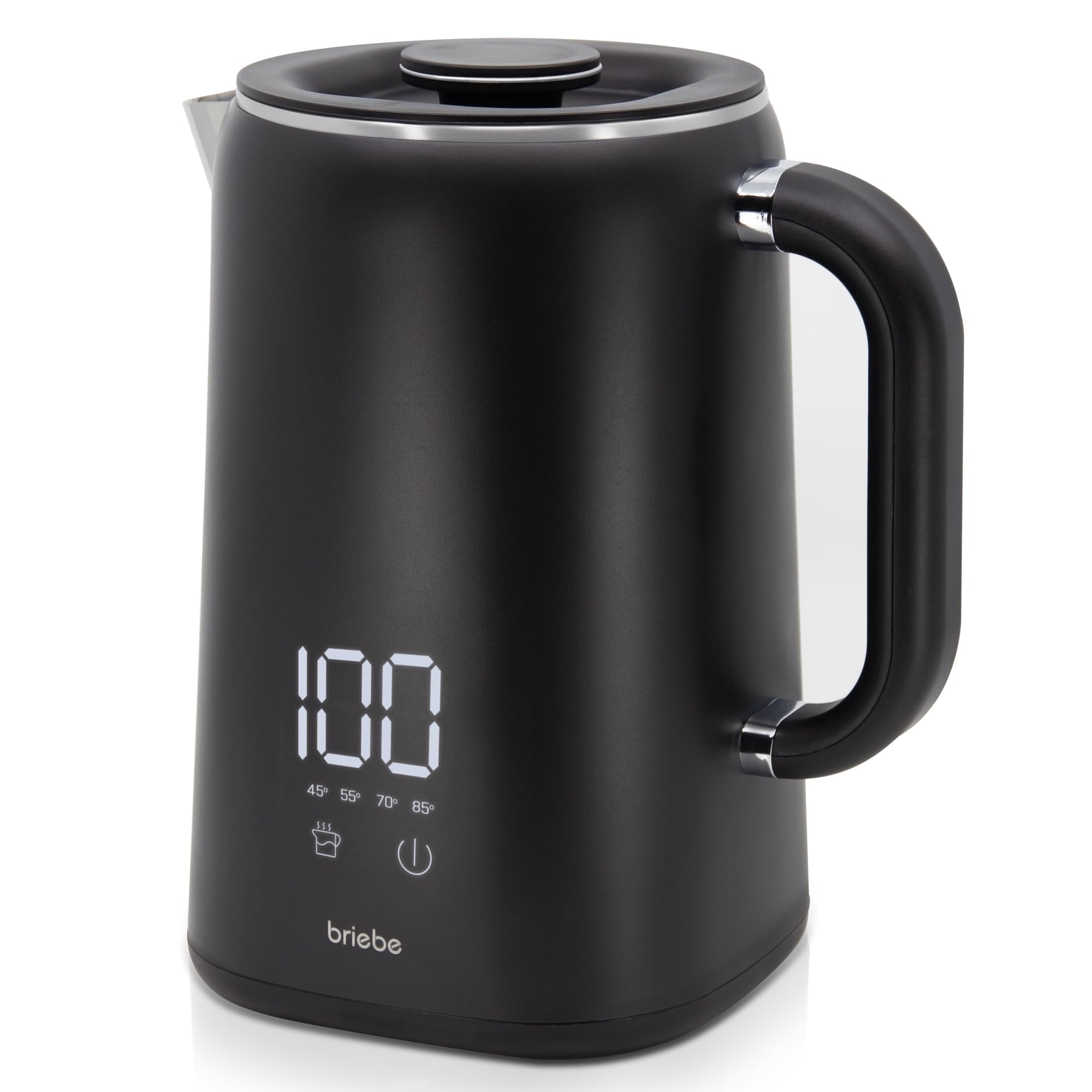 briebe eBoil Hervidor Agua Eléctrico 1,7L Regulador de Temperatura Digital 45°C a 100°C Función Keep Warm, 1500W, Interior Acero Inox, Libre de BPA, Base de 360°, Controlador Strix, Negro