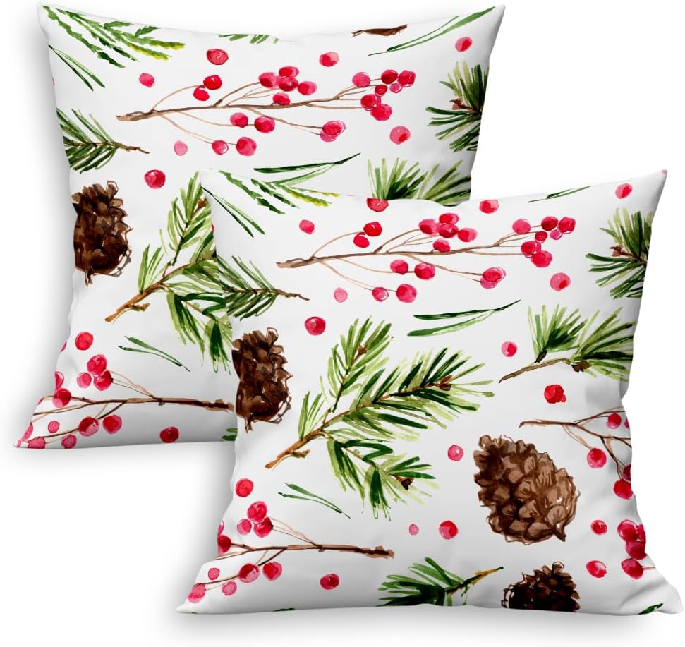 Outdoor Christmas Decorative Throw Pillow Cover 18x18 Inch Set of 2,Holly Red Berries Christmas Holiday Home Decor Pillowcases Rustic Farmhouse Xmas Decor Pillow Cushion Cover for Couch Sofa Bed