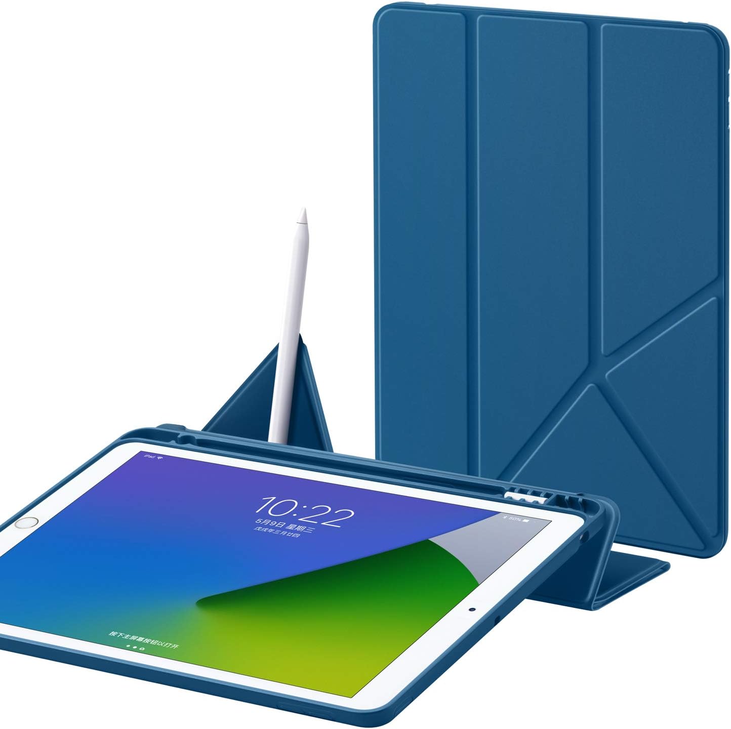Origami Case for iPad 10.2inch 7th/8th Generation 2019/2020,Silicone Back Cover with Pencil Holder, Multi-Angle Bracket,Smart Auto Sleep/Wake (Navy Blue)