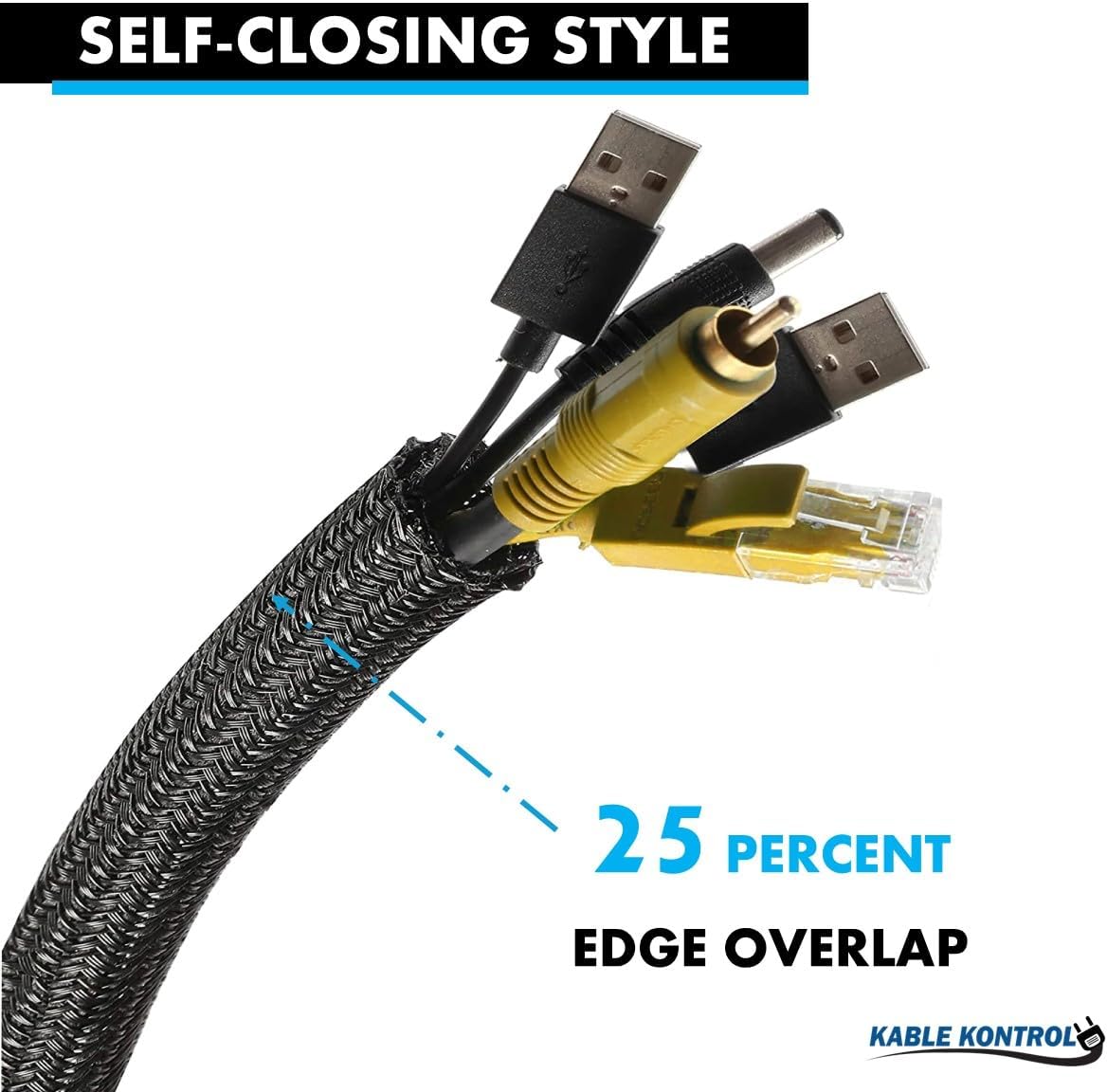 Kable Kontrol 25 Ft - 1" Inch Braided Cable Sleeve - Self Closing Split Wire Wrap Cord Hider Organizer Wire Loom Tubing Cover for Automotive, Industrial Cable Management - Black