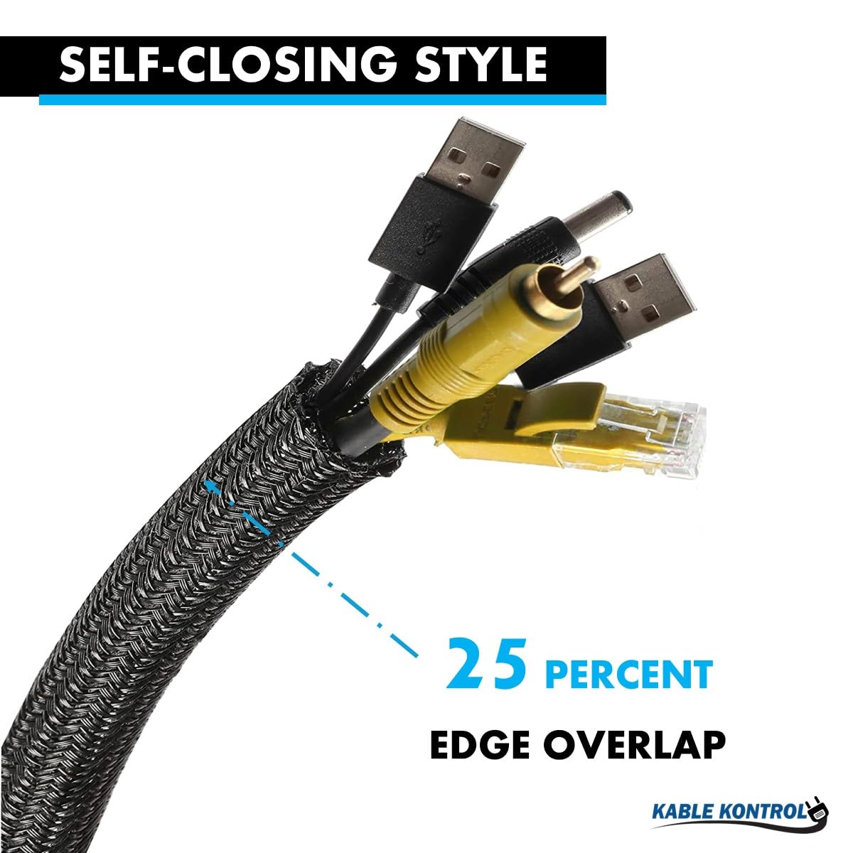 Kable Kontrol 7,6 m – 2,5 cm Kabel-Organizer, Kabelhülse, Draht-Webstuhl, Kabelabdeckung für Kabelmanagement – Kabelverstecker vor Haustieren – selbstschließend, geteilt, geflochten, Schwarz