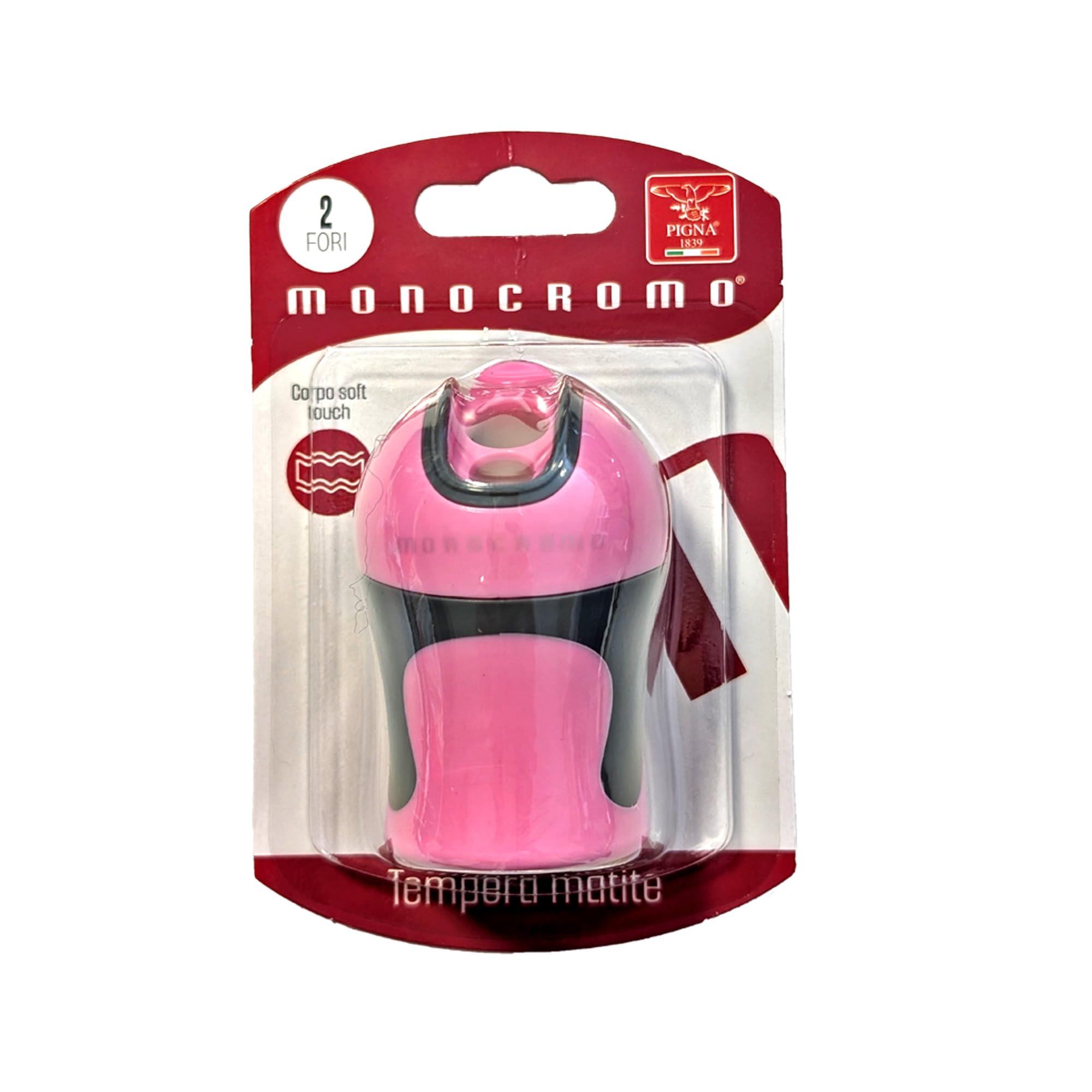 Pigna, Temperamatite Monocromo, Blister da 1 Pezzo, Due Fori, Corpo Soft Touch, Colore Rosa, Ideale per Scuola e Ufficio