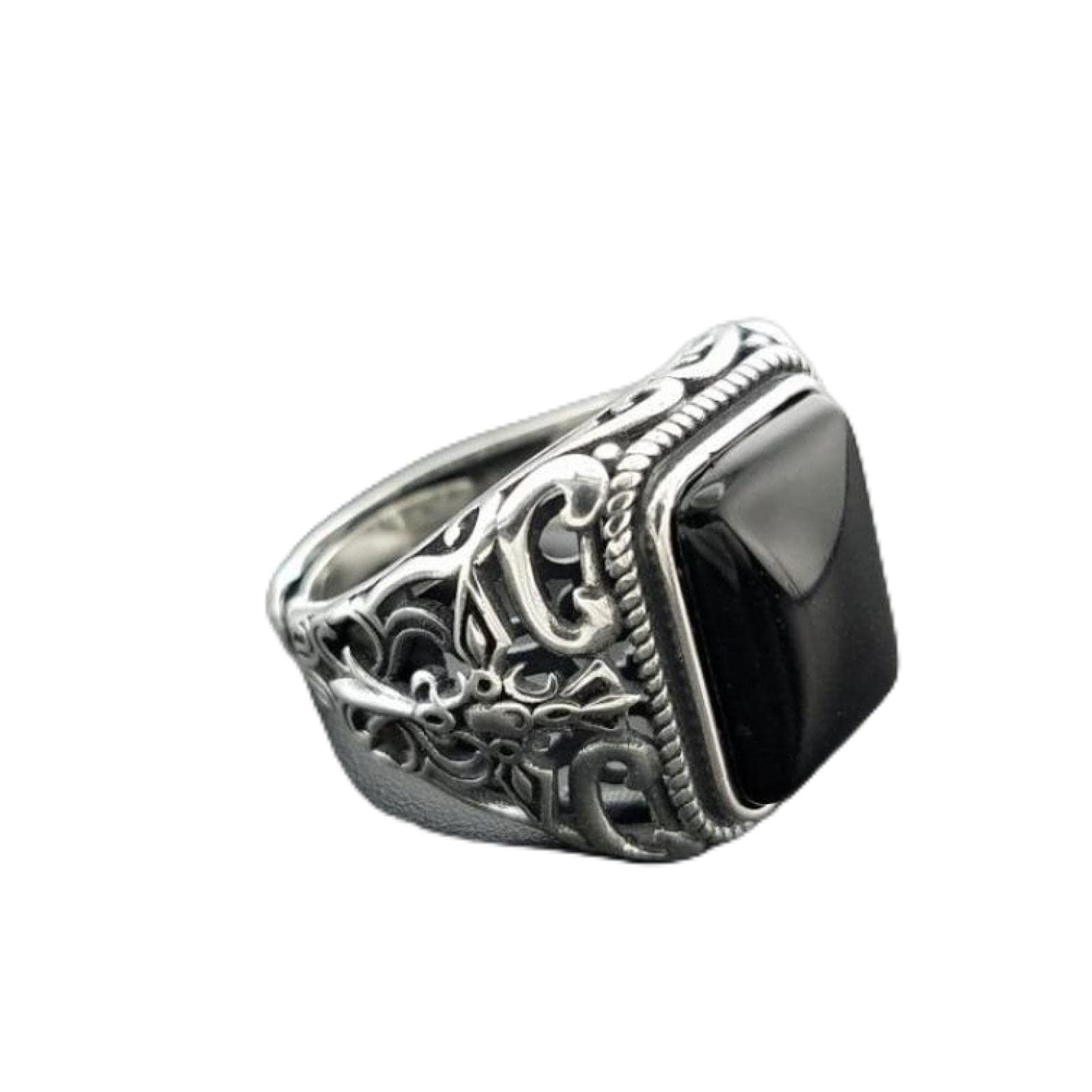 Focisa Anillo Anillos Anillos Vintage De Plata De Ley 925 Auténtica para Hombres, Piedra De Ónix Negro Natural, Forma Cuadrada, Cruz Hueca, Flor, Tallada, Joyería Punk