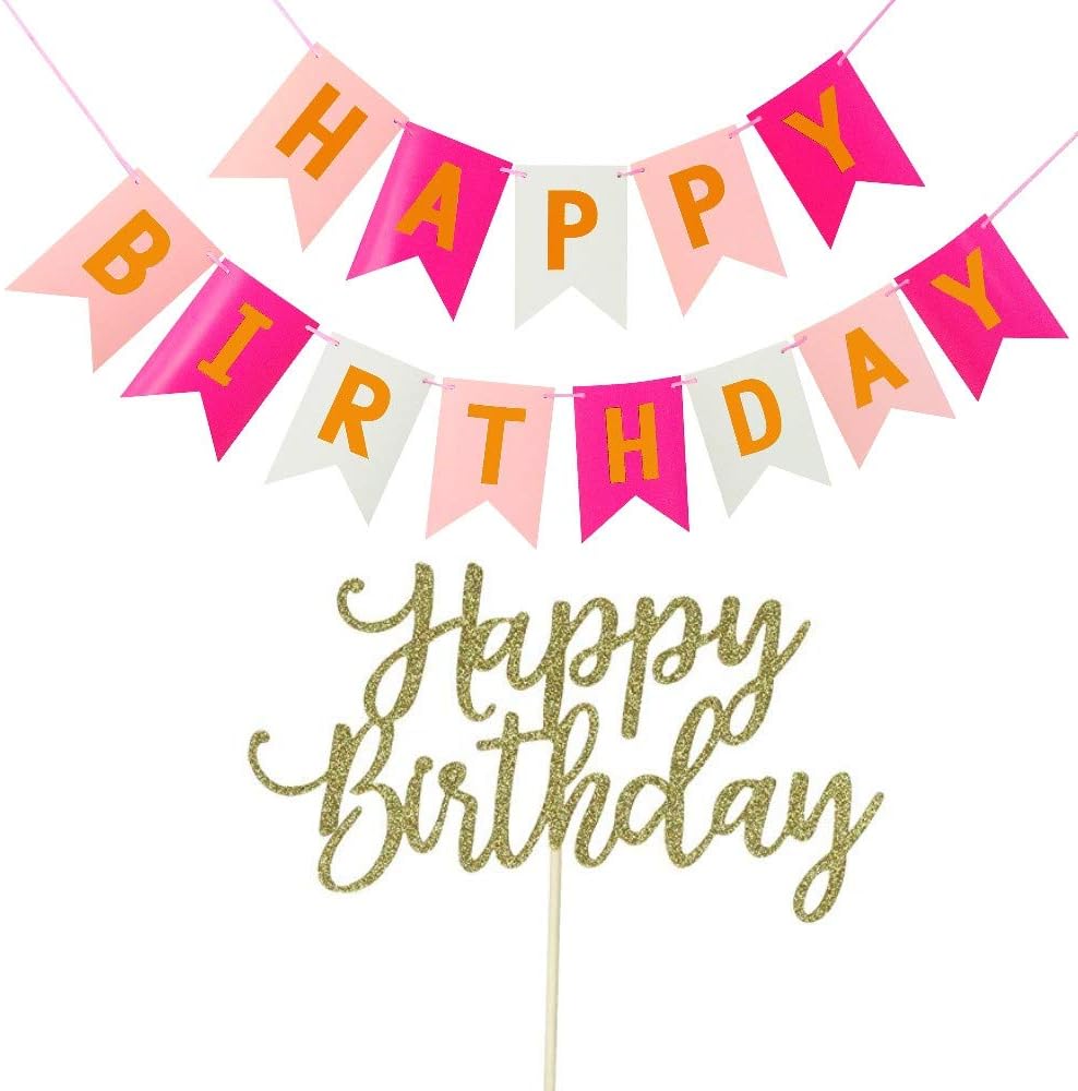Happy Birthday Cake Topper, With Happy Birthday Banner 1st 30th 40th 50th 60th 70th Birthday