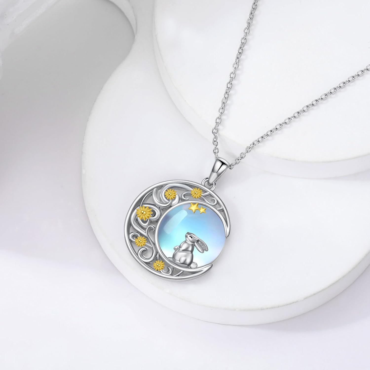Moonstone Necklace Genuine Rainbow Moonstone Pendant 925 Sterling Silver Dainty Animal Theme Bunny/Black Cat Necklace Birthday Anniversary Christmas Jewelry Gifts for Women - Image 4