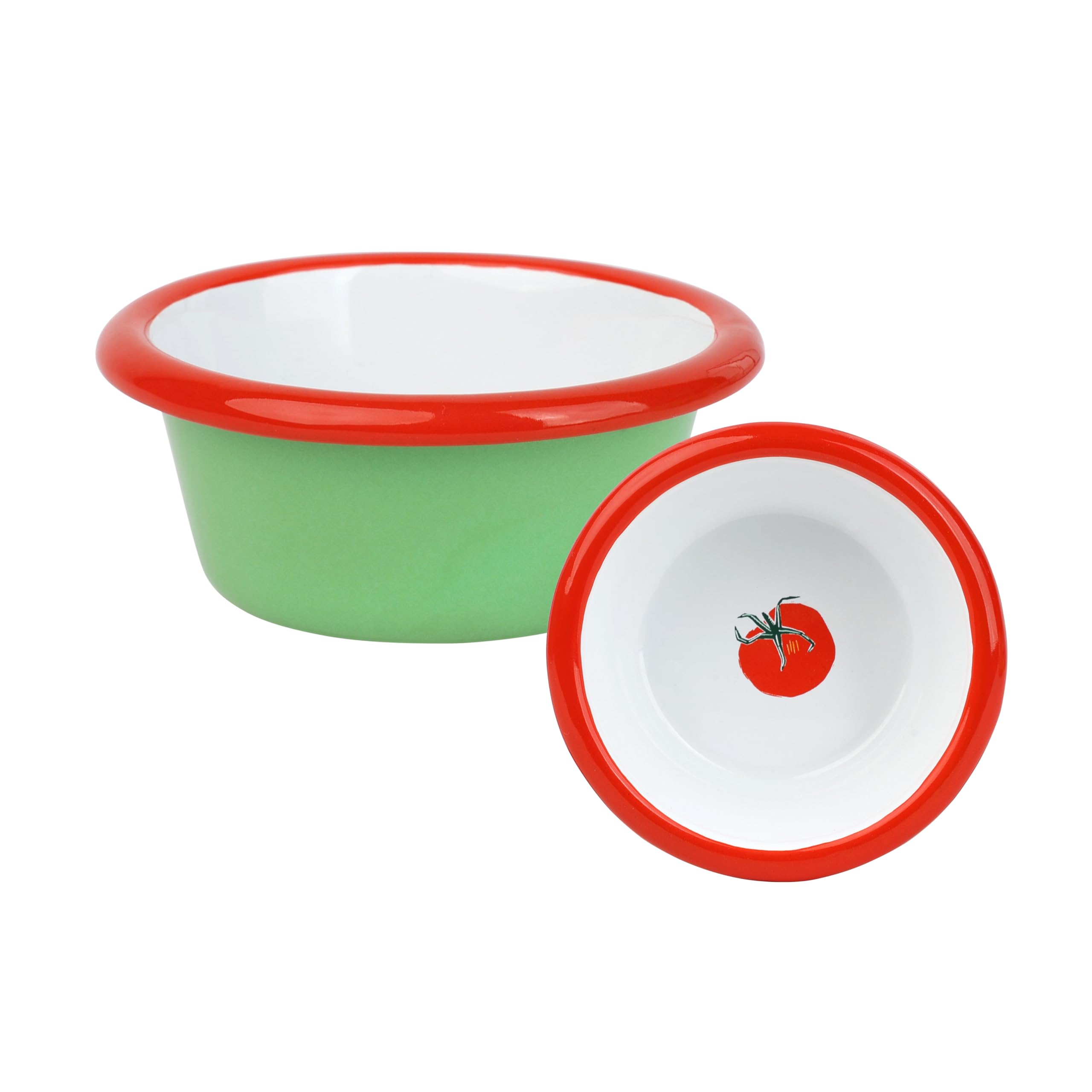 Talking Tables Handmade Green Small Enamel Dipping Bowl Tomato Design Inside, Shatterproof & Dishwasher Safe, Reusable Tableware for Dining -Bowsl for Dips, Snacks, BBQs & Picnics