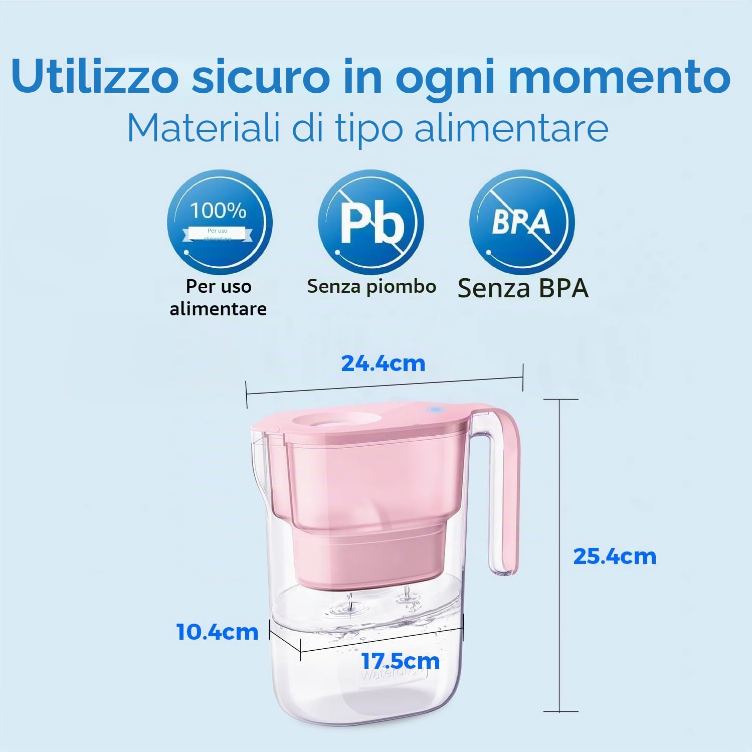 Waterdrop Elfin NSF Certificato 2.5L Caraffa Filtrante per Frigorifero con 1×90 Giorni Filtro, Riduce Piombo, Fluoro, Cloro e Altro, Senza BPA, Rosa (Filtro di Ricambio: WD-PF-01A Plus)