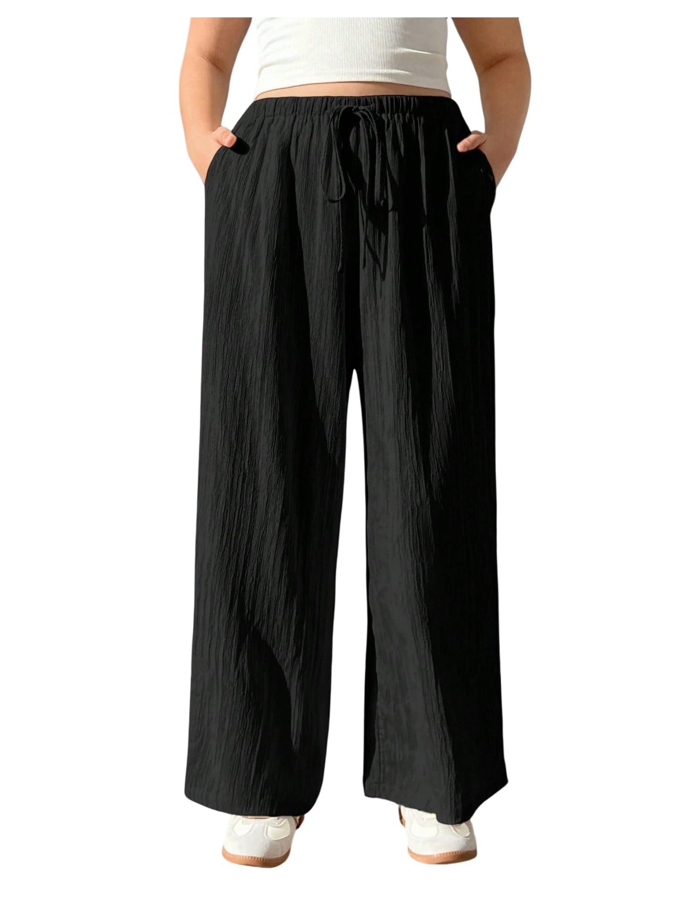 Verdusa Womens Plus Size Wide Leg Pants Drawstring High Waisted Loose Trousers with Pockets