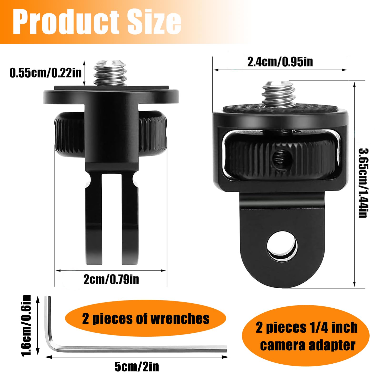 2 Pièces Adaptateur de Trépied en Aluminium, 1/4" Fixation de Trépied Compatible, Ajustement à 360 ° Adaptateur de Caméra, avec 2 Clés, pour Gopro Hero10, Sjcam Caméra(Noir)