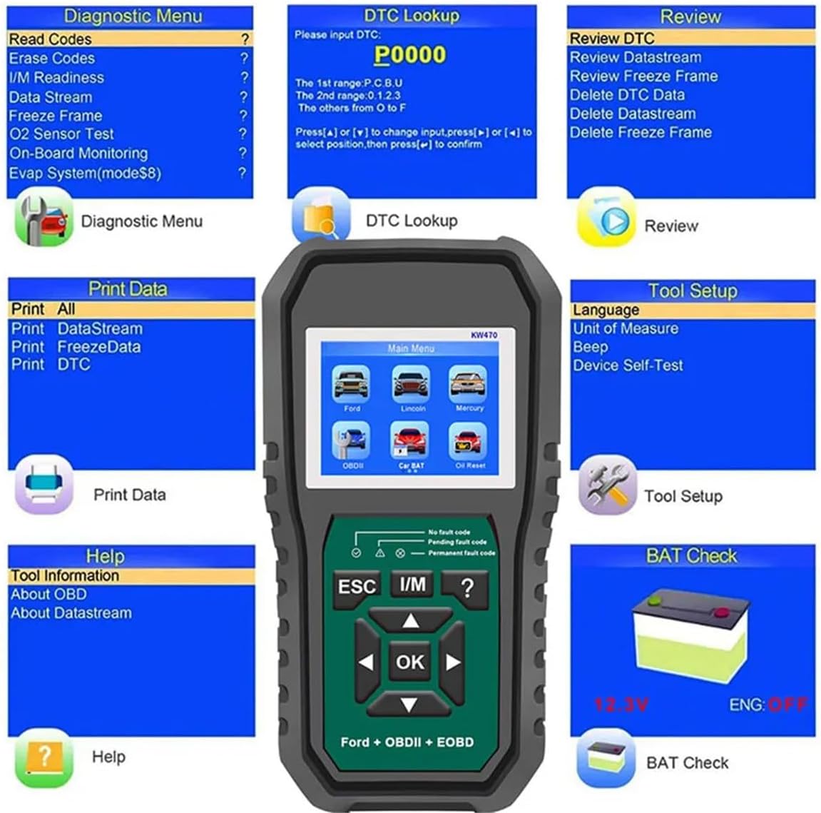 XAUCY KW470 diagnostic menu options including DTC Lookup, Review, Print Data, Tool Setup, Help, and BAT Check