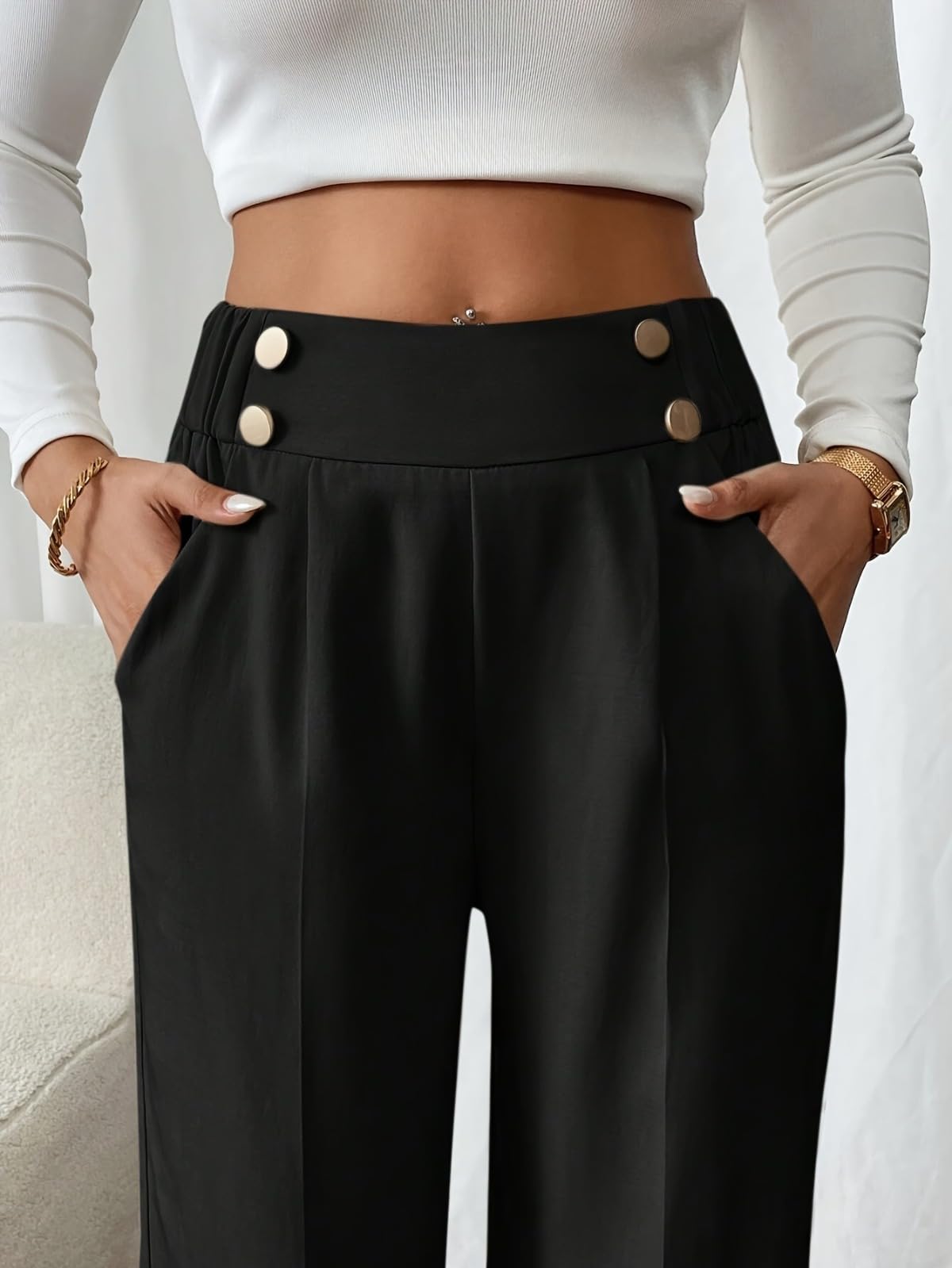 High Waist Wide Leg Trousers for Women Elegant Loose Fit Black Pants with Decorative Button for Office Casual — view 3