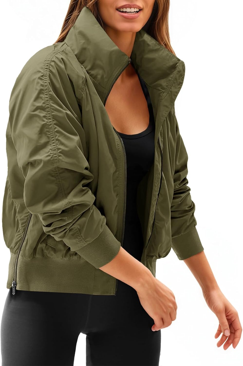 Fisoew Womens Windbreaker Crop Jackets Long Sleeve Zip Up Hidden Hooded Winter Bomber Jacket with Pockets