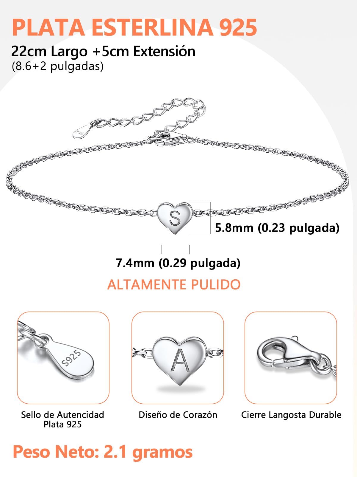 Silvora Inicial S Letras Plata Tobillera Corazón Playa Mujer, Tobillera Pulsera Plata de ley con colgante, gratis caja de regalo - 22cm con alargador 5cm