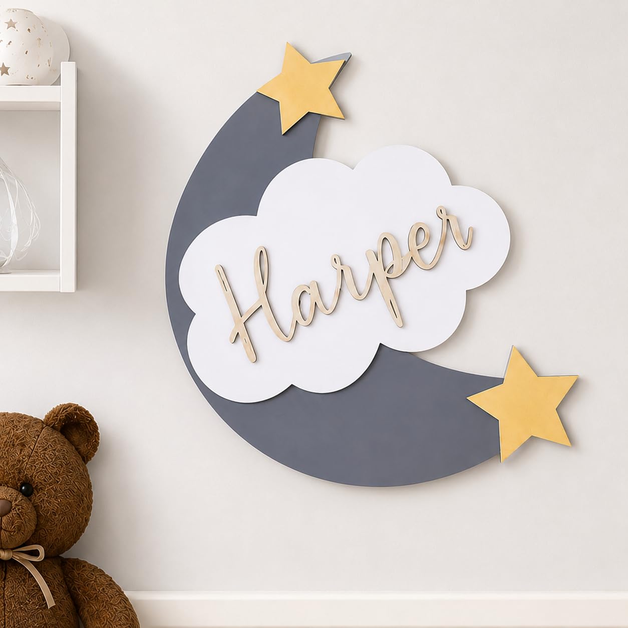Personalised Moon & Cloud Nursery Name Sign, Wooden Baby Room Wall Decor with Stars, Custom Kids Bedroom Door Plaque, Boho Nursery Decoration, Layered Wooden Name Sign