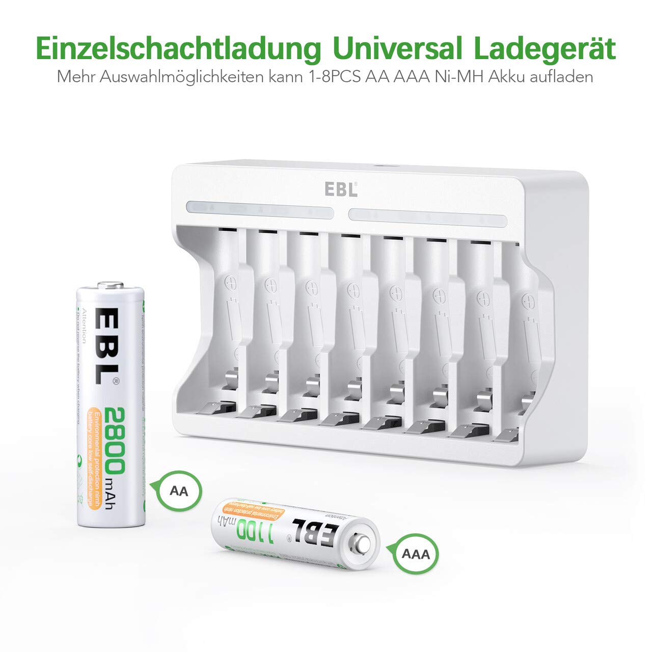 EBL 8 gniazd niezależnej ładowarki akumulatora, ładowarka do baterii AA AAA Ni-MH z 4 szt. AA 2800mAh i 4 szt. AAA 1100 mAh