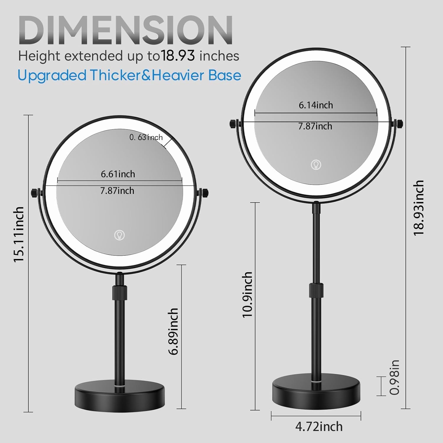 Nicesail Height-Adjustable Table Mirror Black Makeup Mirror with Lighting Rechargeable Cosmetic Mirror with 10x Magnification - Image 3