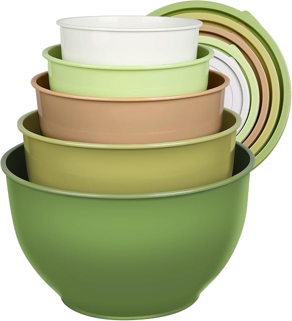 Greentainer Plastic Mixing Bowl Set with Lids for Kitchen, Nesting Storage Bowls for Baking, Prepping,Cooking and Serving Food, Dishwasher, Microwave Safe,Great for Mixing & Serving (5pcs Green)