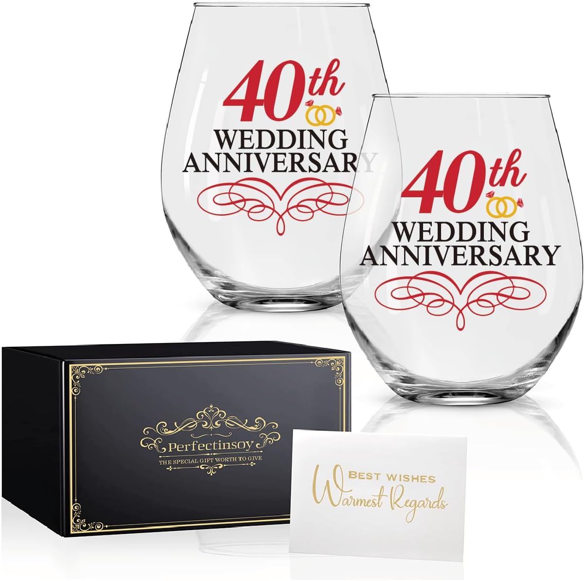 Perfectinsoy 40 Years Anniversary Wine Glass Set of 2, 40th Anniversary Ruby Wedding Gift For Mom, Dad, Wife, Soulmate, Couple, Funny Vintage Unique 40 Years Gifts, Wedding Gifts
