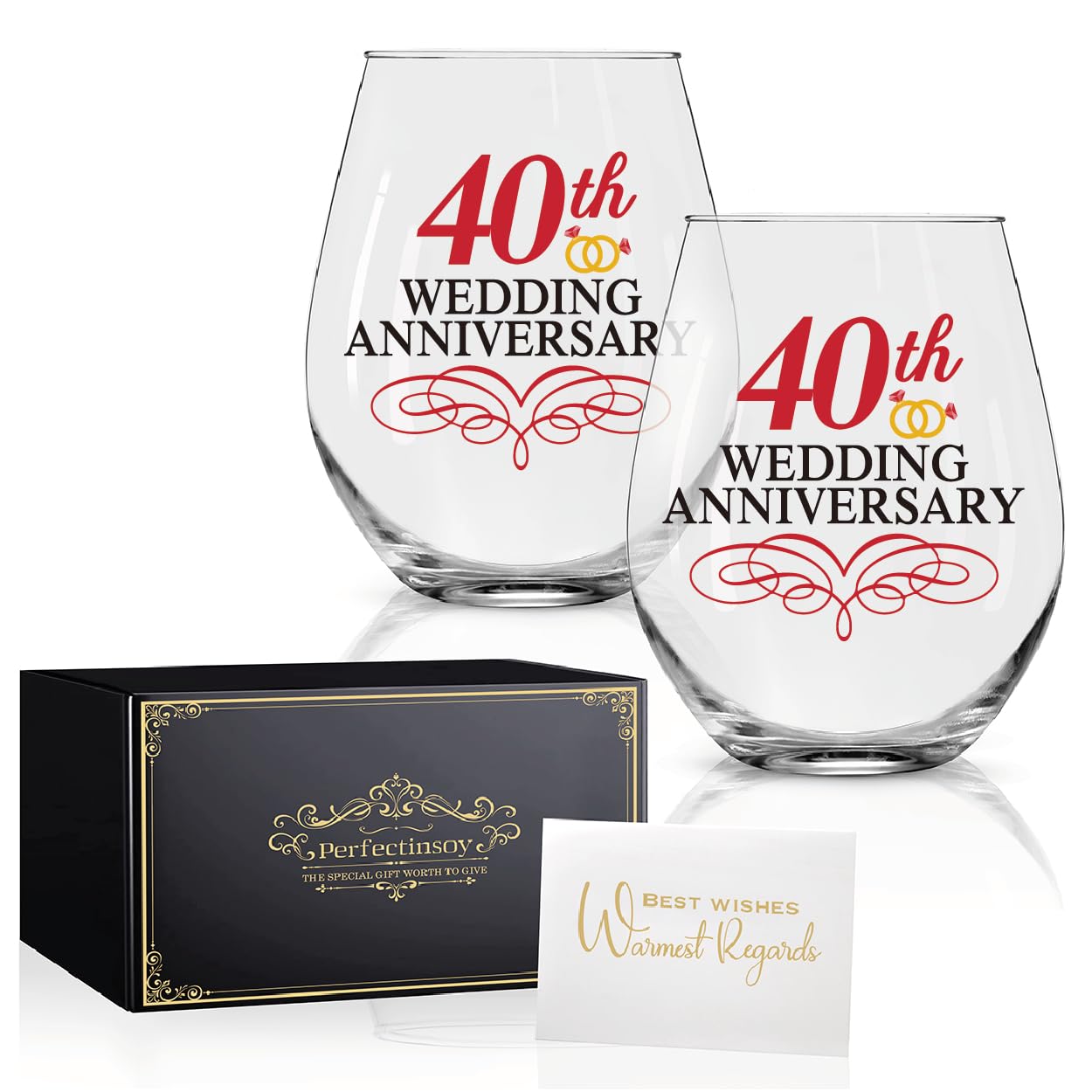Perfectinsoy 40 Years Anniversary Wine Glass Set of 2, 40th Anniversary Ruby Wedding Gift For Mom, Dad, Wife, Soulmate, Couple, Funny Vintage Unique 40 Years Gifts, Wedding Gifts