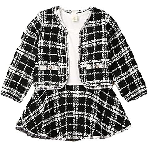 Coralup Little Girls Long Sleeve Clothing Sets Party Clothes Black Plaid Coat + Tutu Dress 3-4Years Cover