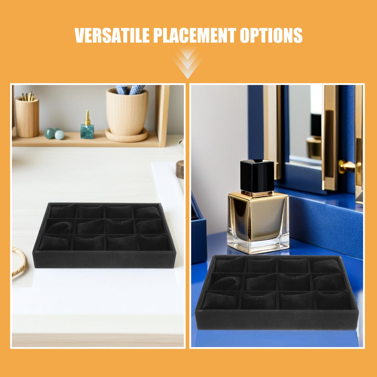 Healeved 2pièces Plateaux de Rangement pour Bijoux avec Compartiments Plateau pour Montres et Bracelets Boîte de Rangement Velours Noir