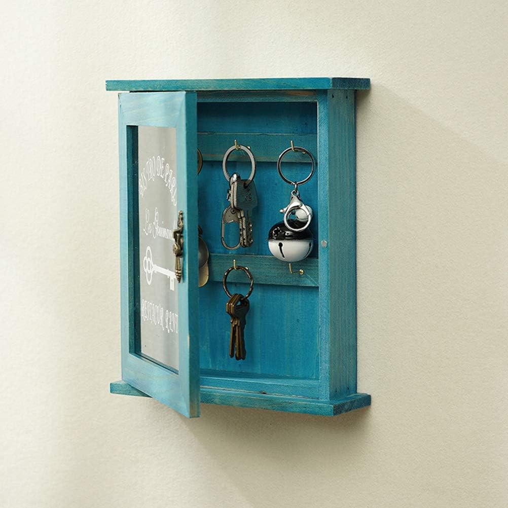 Retro Wall Key Box Floating Decorative Key Cabinet Shelf Wall Mount with Key Hooks and Key Holder (Blue)