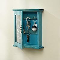 Vista 2 de Caja de llaves de pared retro flotante decorativa con ganchos para llaves y soporte para llaves (azul)