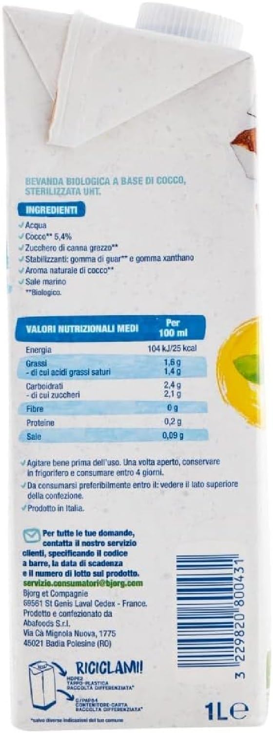 BJORG Bevanda Biologica Latte di Cocco, 100% Ingredienti Vegetale, Ottimale per Ricette Dolci, Senza Glutine, Vegan, Prodotto in Italia, 12 x 1L