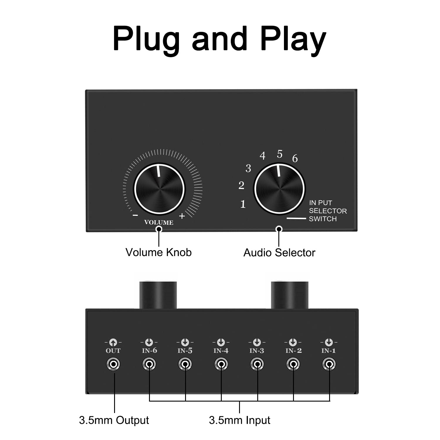 Commutatore audio, commutatore audio stereo RCA, Plug & Play, compatibile con TV, lettore Blu-ray, lettore DVD, CD, amplificatore, altoparlante (switch audio da 3,5 mm 6 in 1out)